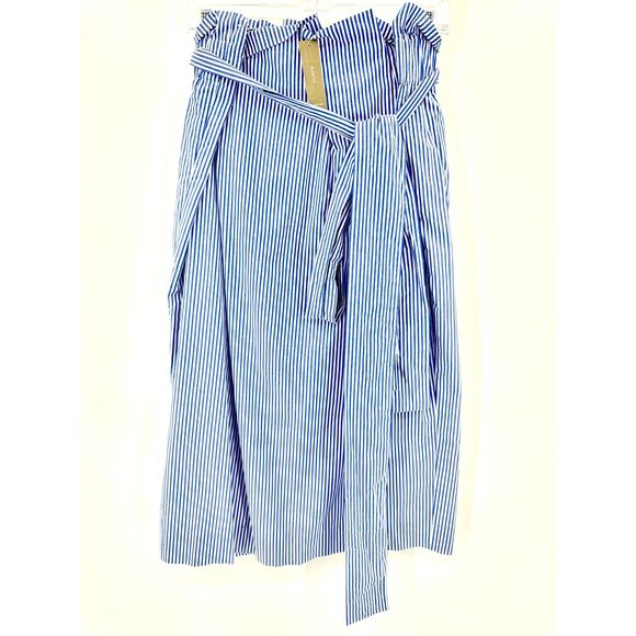 NWT J. CREW Blue White Striped Paper Bag Tie Waist Midi Skirt Size 16 - Picture 2 of 5